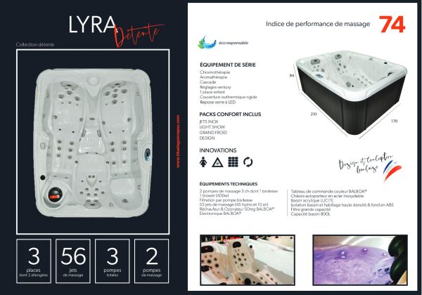 SPA LYRA ,3 PLACES, 55 JETS, GAMME DETENTE BLUE LAGOON SPAS