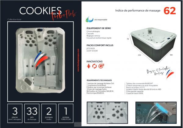 SPA  COOKIES TURBOFLOW ,3 places, 33 jets,  Gamme LOISIR